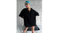 Kadın Yarım Fermuarlı Tişört Düz Oversize T-Shirt - Siyah Kadın Yarım Fermuarlı Tişört Düz Oversize T-Shirt - Siyah