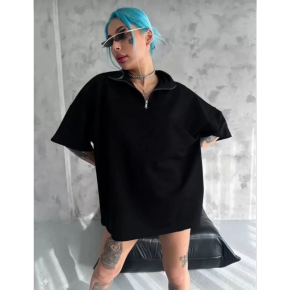 Kadın Yarım Fermuarlı Tişört Düz Oversize T-Shirt - Siyah