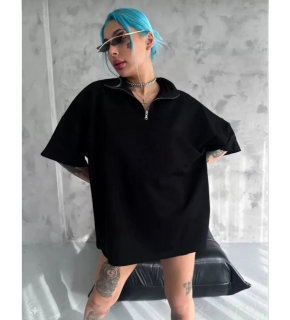 Kadın Yarım Fermuarlı Tişört Düz Oversize T-Shirt - Siyah