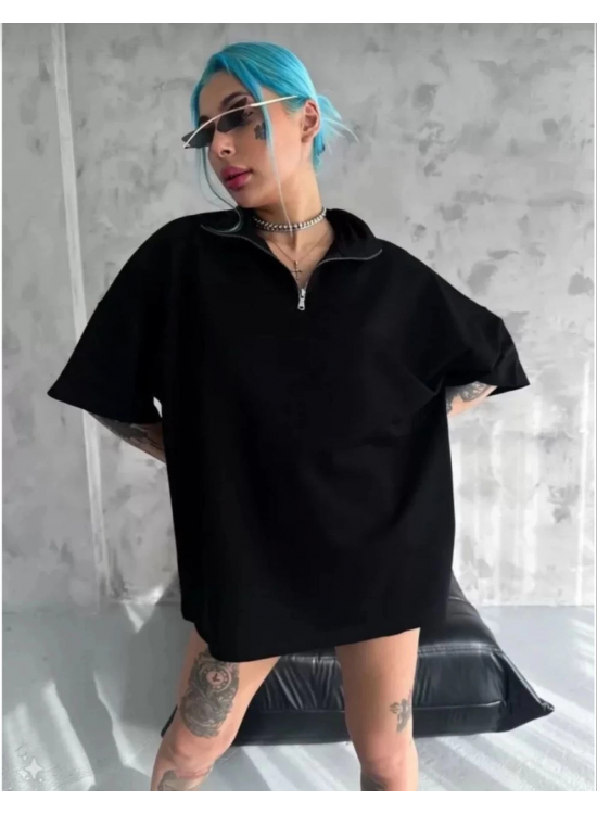 Kadın Yarım Fermuarlı Tişört Düz Oversize T-Shirt - Siyah Kadın Yarım Fermuarlı Tişört Düz Oversize T-Shirt - Siyah