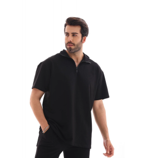 Erkek Yarım Fermuarlı Düz Oversize T-shirt - Siyah