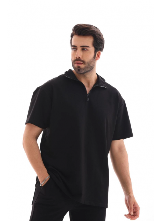 Erkek Yarım Fermuarlı Düz Oversize T-shirt - Siyah Erkek Yarım Fermuarlı Düz Oversize T-shirt - Siyah