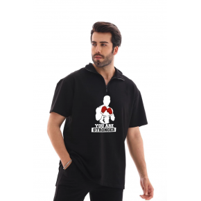 Erkek Yarım Fermuarlı Oversize Baskılı T-Shirt - Siyah