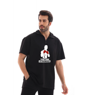Erkek Yarım Fermuarlı Oversize Baskılı T-Shirt - Siyah