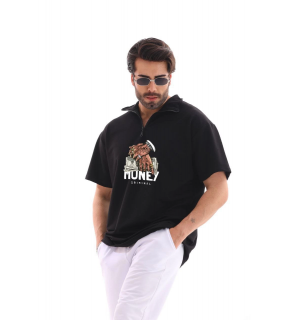 Erkek Yarım Fermuarlı Oversize Baskılı T-Shirt - Siyah