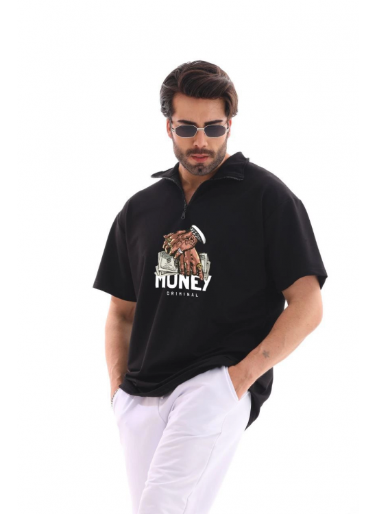 Erkek Yarım Fermuarlı Oversize Baskılı T-Shirt - Siyah Erkek Yarım Fermuarlı Oversize Baskılı T-Shirt - Siyah