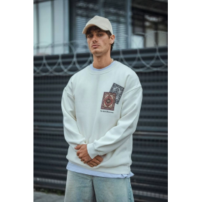 Erkek 3 iplik pamuklu Bisiklet Yaka Baskılı SweatShirt - Beyaz