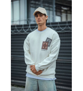 Erkek 3 iplik pamuklu Bisiklet Yaka Baskılı SweatShirt - Beyaz