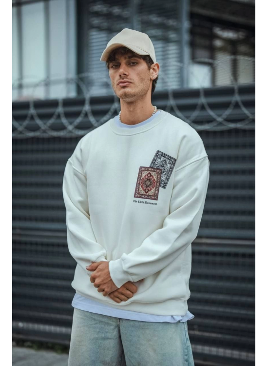 Erkek 3 iplik pamuklu Bisiklet Yaka Baskılı SweatShirt - Beyaz