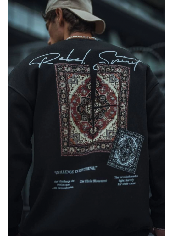 Erkek 3 iplik Pamuklu Bisiklet Yaka Baskılı SweatShirt - Siyah