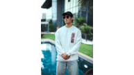 Erkek 3 iplik pamuklu Bisiklet Yaka Ön ve Arka Baskılı SweatShirt - Beyaz