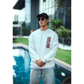 Erkek 3 iplik pamuklu Bisiklet Yaka Ön ve Arka Baskılı SweatShirt - Beyaz