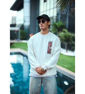 Erkek 3 iplik pamuklu Bisiklet Yaka Ön ve Arka Baskılı SweatShirt - Beyaz