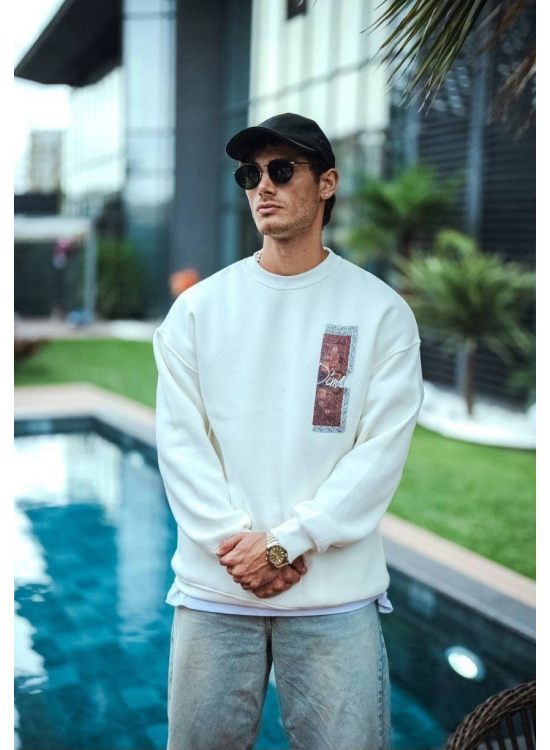 Erkek 3 iplik pamuklu Bisiklet Yaka Ön ve Arka Baskılı SweatShirt - Beyaz