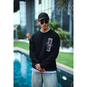 Erkek 3 iplik pamuklu Bisiklet Yaka Ön ve Arka Baskılı SweatShirt - Siyah