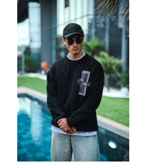 Erkek 3 iplik pamuklu Bisiklet Yaka Ön ve Arka Baskılı SweatShirt - Siyah