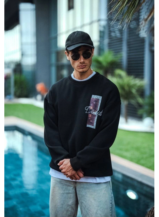 Erkek 3 iplik pamuklu Bisiklet Yaka Ön ve Arka Baskılı SweatShirt - Siyah
