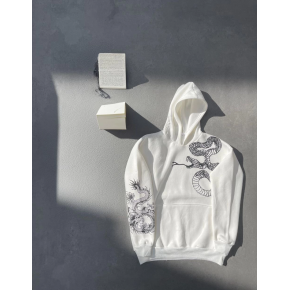 Erkek 3 İplik Pamuklu Kapüşonlu Baskılı Cepli Oversize Sweatshirt Hoodie - Beyaz