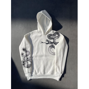 Erkek 3 İplik Pamuklu Kapüşonlu Baskılı Cepli Oversize Sweatshirt Hoodie - Beyaz
