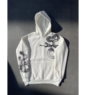 Erkek 3 İplik Pamuklu Kapüşonlu Baskılı Cepli Oversize Sweatshirt Hoodie - Beyaz
