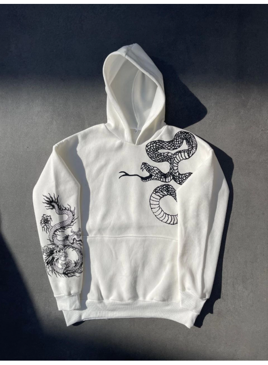 Erkek 3 İplik Pamuklu Kapüşonlu Baskılı Cepli Oversize Sweatshirt Hoodie - Beyaz Erkek 3 İplik Pamuklu Kapüşonlu Baskılı Cepli Oversize Sweatshirt Hoodie - Beyaz