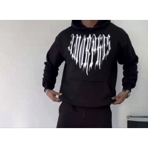 Erkek Kapüşonlu Kanguru Cepli Sweatshirt 3 İplik Pamuklu Baskılı Hoodie -  Siyah