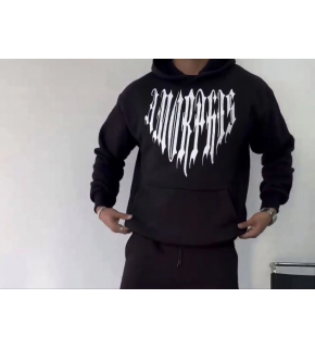 Erkek Kapüşonlu Kanguru Cepli Sweatshirt 3 İplik Pamuklu Baskılı Hoodie -  Siyah
