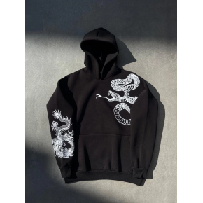 Erkek 3 İplik Pamuklu Kapüşonlu Baskılı Cepli Oversize Sweatshirt Hoodie - Siyah