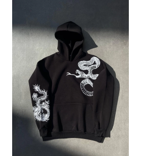 Erkek 3 İplik Pamuklu Kapüşonlu Baskılı Cepli Oversize Sweatshirt Hoodie - Siyah