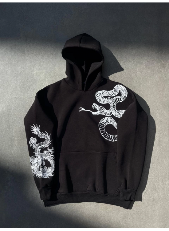 Erkek 3 İplik Pamuklu Kapüşonlu Baskılı Cepli Oversize Sweatshirt Hoodie - Siyah Erkek 3 İplik Pamuklu Kapüşonlu Baskılı Cepli Oversize Sweatshirt Hoodie - Siyah