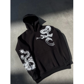 Erkek 3 İplik Pamuklu Kapüşonlu Baskılı Cepli Oversize Sweatshirt Hoodie - Siyah