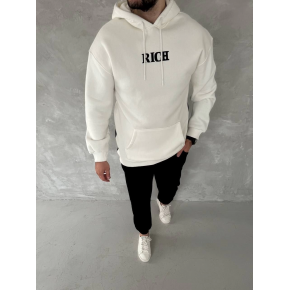 Erkek Kapüşonlu Kanguru Cepli Sweatshirt 3 İplik Pamuklu Baskılı Hoodie -  Beyaz