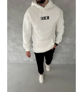 Erkek Kapüşonlu Kanguru Cepli Sweatshirt 3 İplik Pamuklu Baskılı Hoodie -  Beyaz