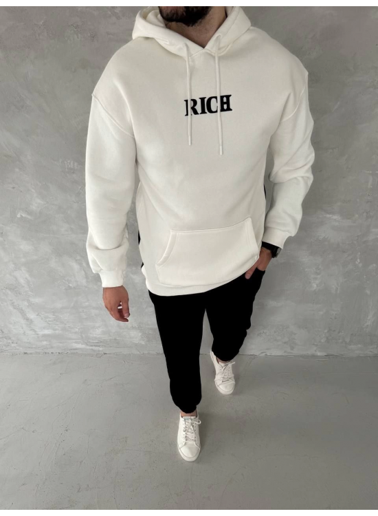 Erkek Kapüşonlu Kanguru Cepli Sweatshirt 3 İplik Pamuklu Baskılı Hoodie - Beyaz Erkek Kapüşonlu Kanguru Cepli Sweatshirt 3 İplik Pamuklu Baskılı Hoodie - Beyaz