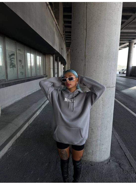 Kadın Kapüşonlu Kanguru Cepli Sweatshirt 3 İplik Pamuklu Baskılı Hoodie - Gri Kadın Kapüşonlu Kanguru Cepli Sweatshirt 3 İplik Pamuklu Baskılı Hoodie - Gri