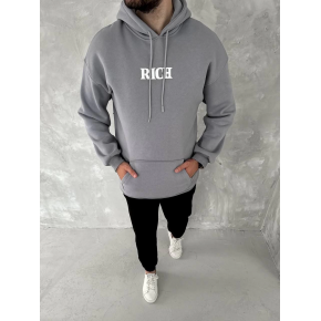 Erkek 3 İplik Pamuklu Kapüşonlu Kanguru Cepli Baskılı Oversize Hoodie Sweatshirt - Gri
