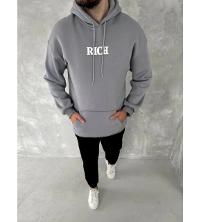 Erkek 3 İplik Pamuklu Kapüşonlu Kanguru Cepli Baskılı Oversize Hoodie Sweatshirt - Gri