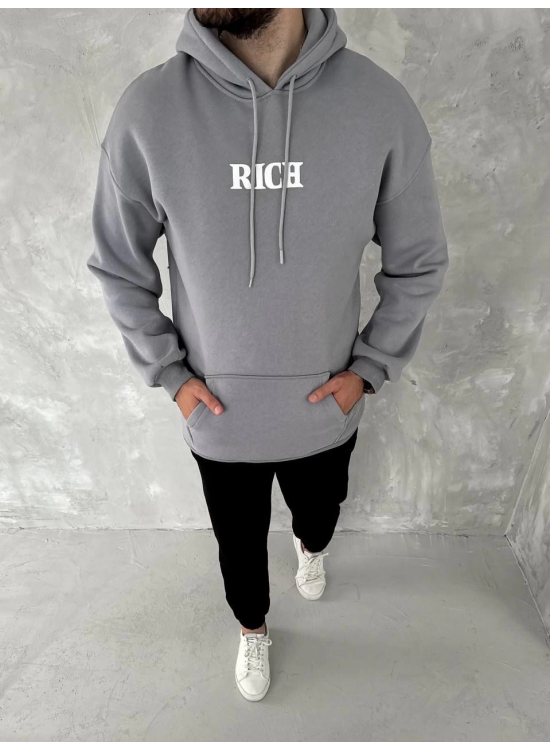 Erkek 3 İplik Pamuklu Kapüşonlu Kanguru Cepli Baskılı Oversize Hoodie Sweatshirt - Gri Erkek 3 İplik Pamuklu Kapüşonlu Kanguru Cepli Baskılı Oversize Hoodie Sweatshirt - Gri