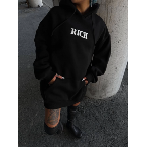 Kadın Kapüşonlu Kanguru Cepli Sweatshirt 3 İplik Pamuklu Baskılı Hoodie - Siyah