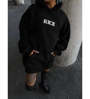 Kadın Kapüşonlu Kanguru Cepli Sweatshirt 3 İplik Pamuklu Baskılı Hoodie - Siyah