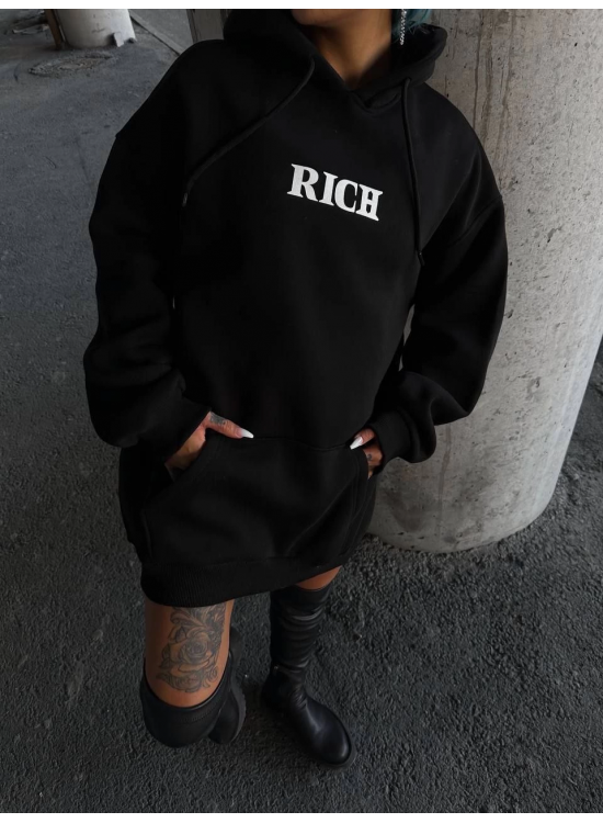 Kadın Kapüşonlu Kanguru Cepli Sweatshirt 3 İplik Pamuklu Baskılı Hoodie - Siyah Kadın Kapüşonlu Kanguru Cepli Sweatshirt 3 İplik Pamuklu Baskılı Hoodie - Siyah
