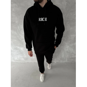 Erkek Kapüşonlu Kanguru Cepli Sweatshirt 3 İplik Pamuklu Baskılı Hoodie -  Siyah