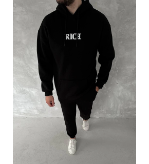 Erkek Kapüşonlu Kanguru Cepli Sweatshirt 3 İplik Pamuklu Baskılı Hoodie -  Siyah