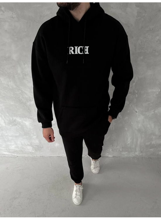 Erkek Kapüşonlu Kanguru Cepli Sweatshirt 3 İplik Pamuklu Baskılı Hoodie - Siyah Erkek Kapüşonlu Kanguru Cepli Sweatshirt 3 İplik Pamuklu Baskılı Hoodie - Siyah