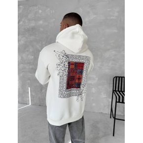 Erkek Kapüşonlu Kanguru Cepli Sweatshirt 3 İplik Pamuklu Baskılı Hoodie - Beyaz