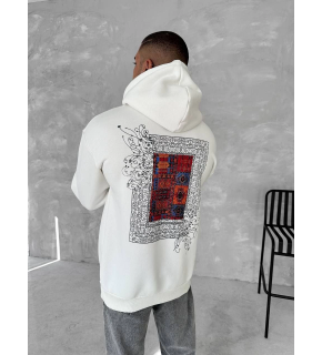 Erkek Kapüşonlu Kanguru Cepli Sweatshirt 3 İplik Pamuklu Baskılı Hoodie - Beyaz