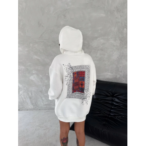 Kadın Kapüşonlu Kanguru Cepli Sweatshirt 3 İplik Pamuklu Baskılı Hoodie - Beyaz