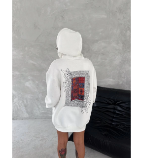 Kadın Kapüşonlu Kanguru Cepli Sweatshirt 3 İplik Pamuklu Baskılı Hoodie - Beyaz