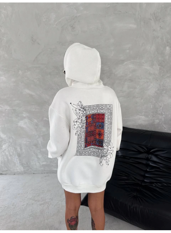 Kadın Kapüşonlu Kanguru Cepli Sweatshirt 3 İplik Pamuklu Baskılı Hoodie - Beyaz Kadın Kapüşonlu Kanguru Cepli Sweatshirt 3 İplik Pamuklu Baskılı Hoodie - Beyaz