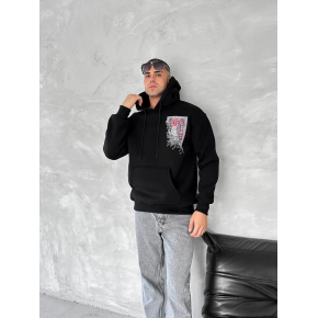 Erkek Kapüşonlu Kanguru Cepli Sweatshirt 3 İplik Pamuklu Baskılı Hoodie - Siyah